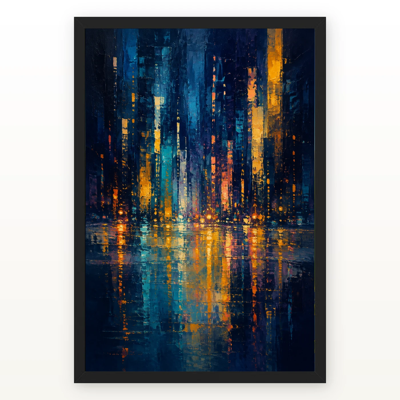 Abstract City Lights Night Impressionist Blue Gold Art Photo Frame
