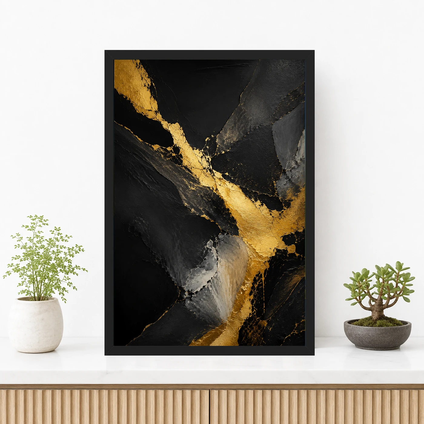 Abstract Gold Black Luxury Gold Leaf Dark Canvas Premium Art Photo Frame, view 3