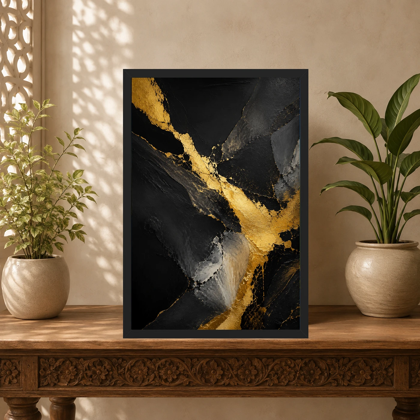 Abstract Gold Black Luxury Gold Leaf Dark Canvas Premium Art Photo Frame, view 5