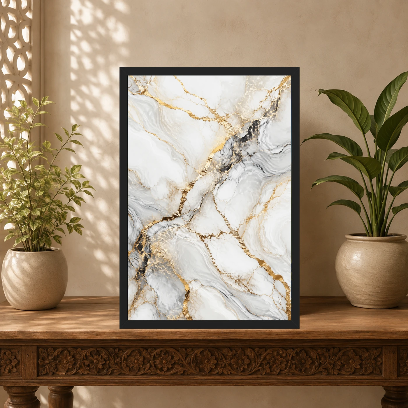 Abstract Marble Effect White Gold Veins Luxury Wall Art Photo Frame, view 5
