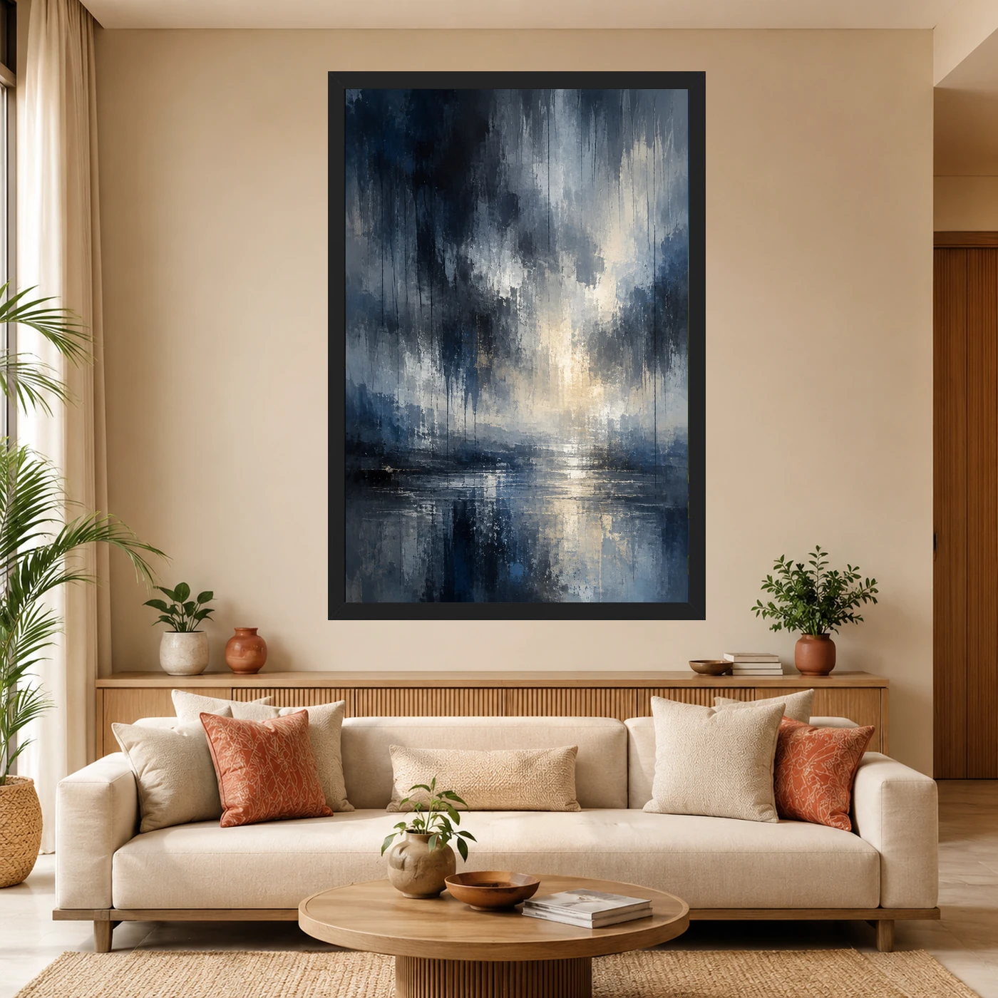 Abstract Monsoon Dark Blues Greys Silver Rain Storm Art Photo Frame, view 4