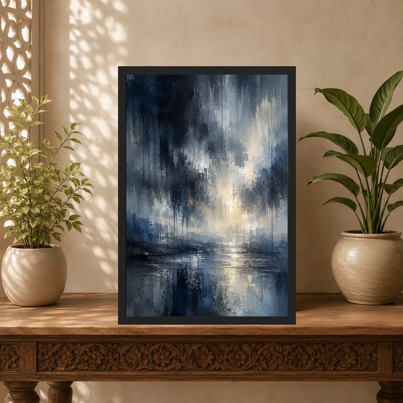 Abstract Monsoon Dark Blues Greys Silver Rain Storm Art Photo Frame, view 5