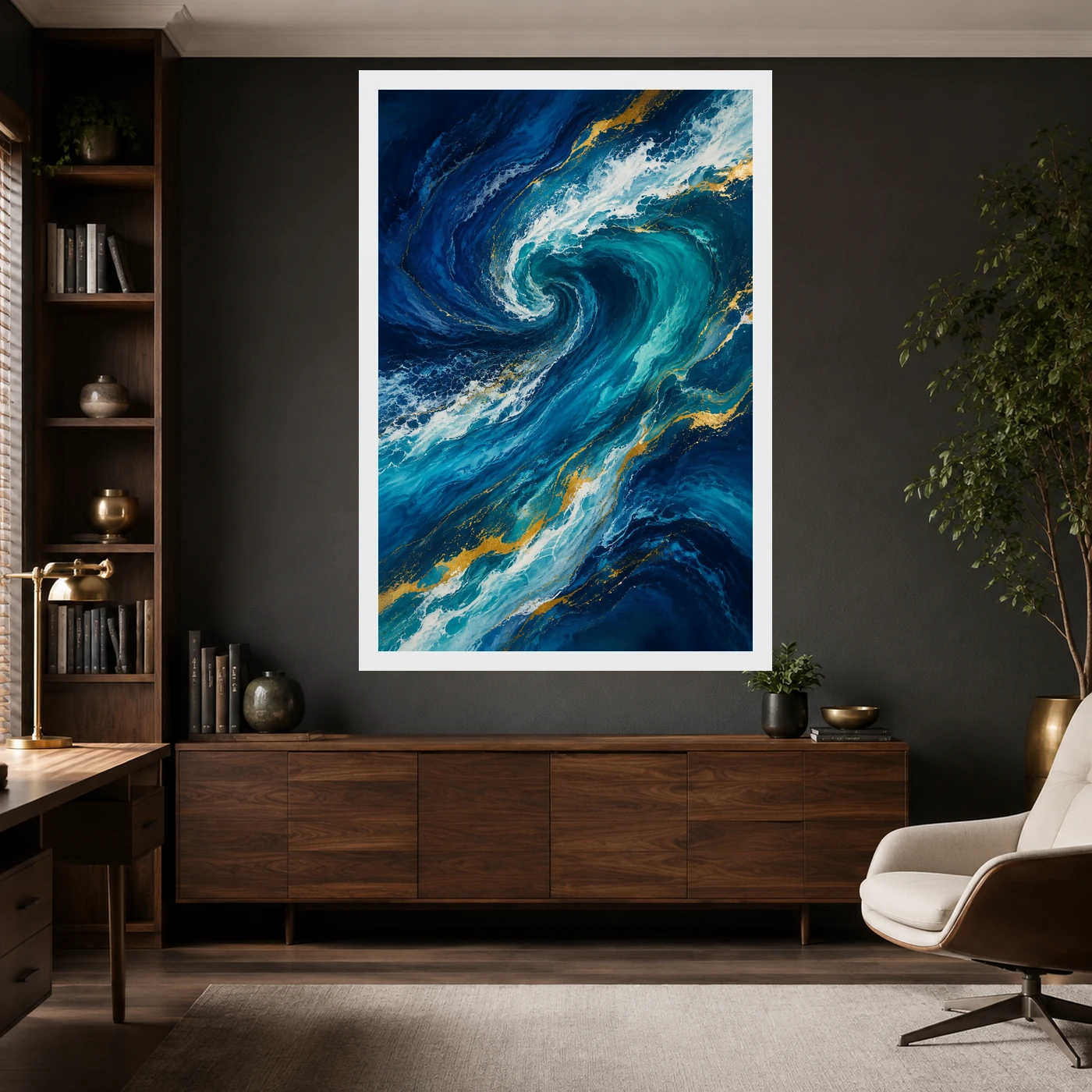 Abstract Ocean Waves Midnight Blue Turquoise Flowing Art Photo Frame, view 10
