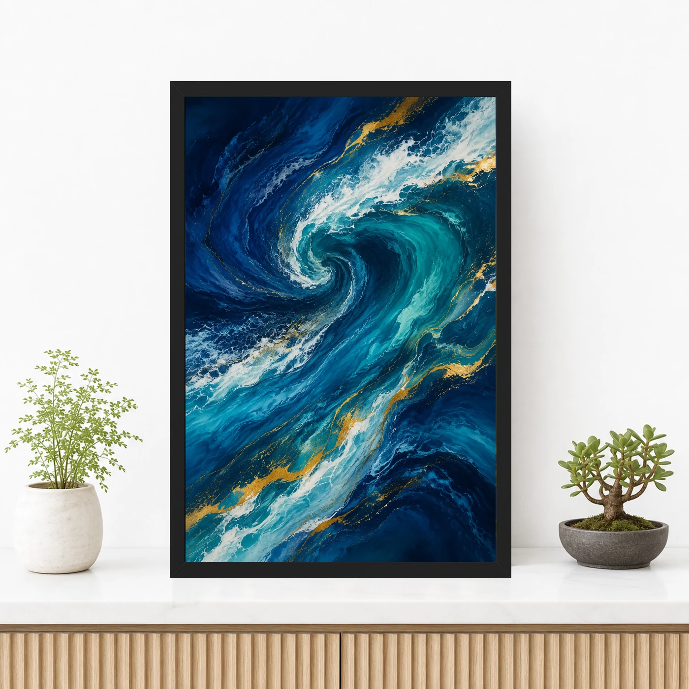 Abstract Ocean Waves Midnight Blue Turquoise Flowing Art Photo Frame, view 3