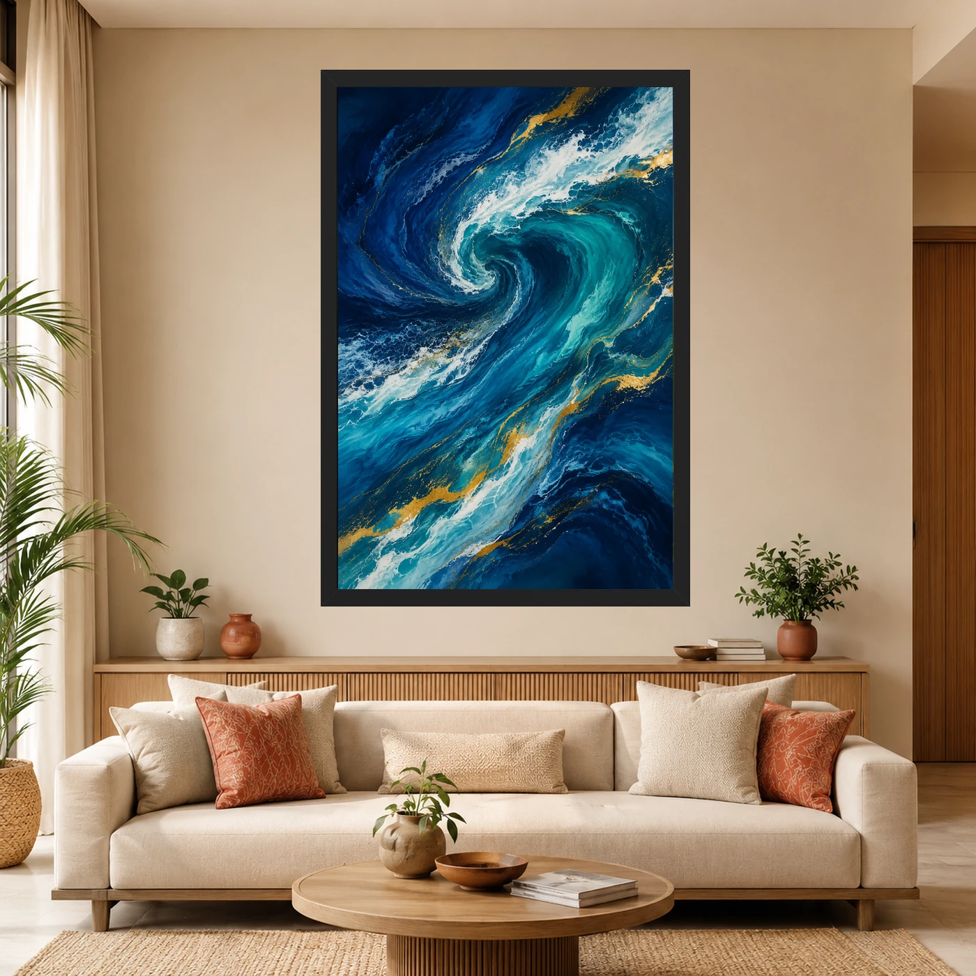 Abstract Ocean Waves Midnight Blue Turquoise Flowing Art Photo Frame, view 4