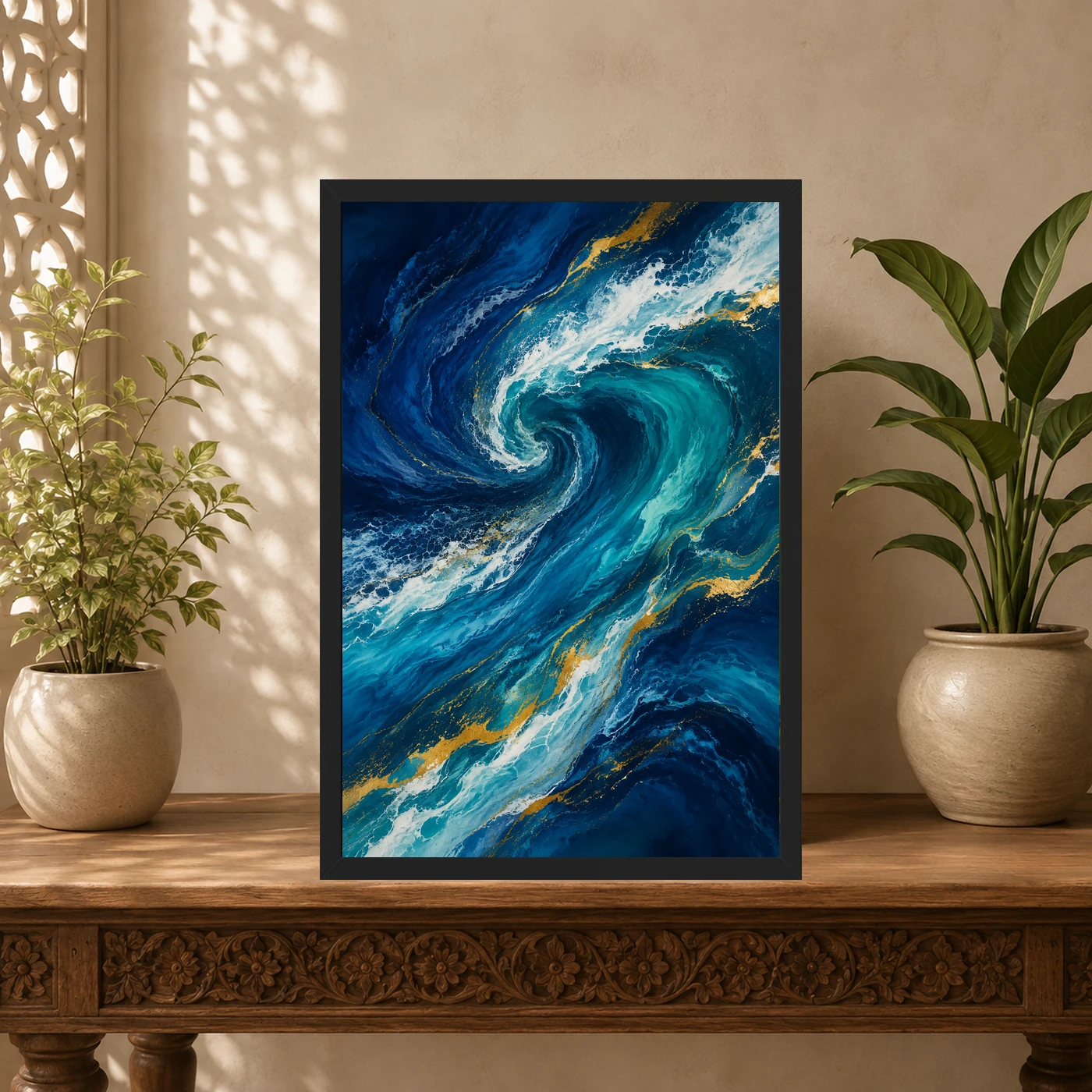 Abstract Ocean Waves Midnight Blue Turquoise Flowing Art Photo Frame, view 5