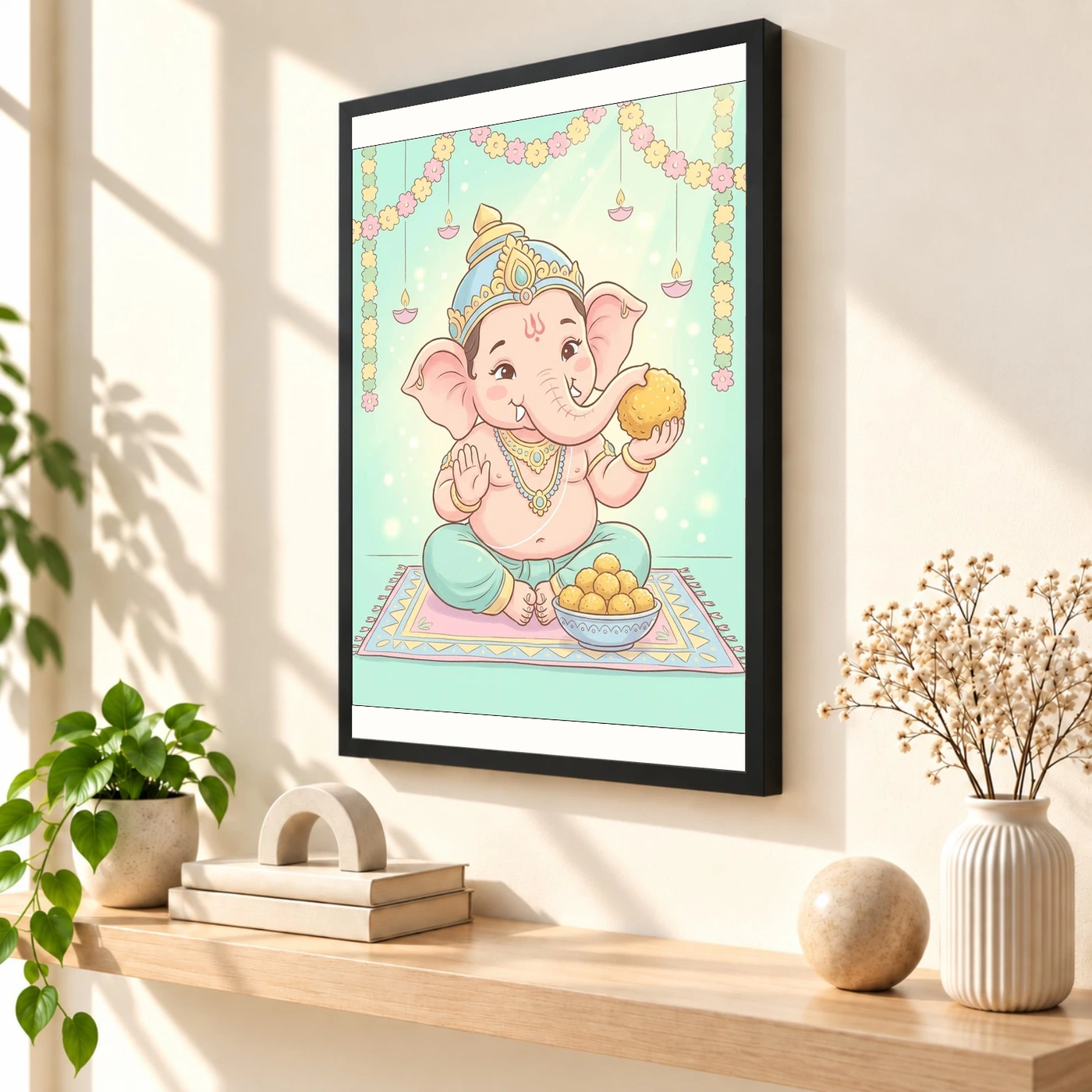 Baby Ganesha Ladoo Cute Pastel Festive Illustration Art Photo Frame, view 2