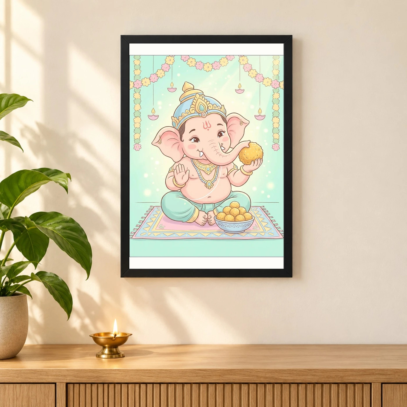 Baby Ganesha Ladoo Cute Pastel Festive Illustration Art Photo Frame, view 3
