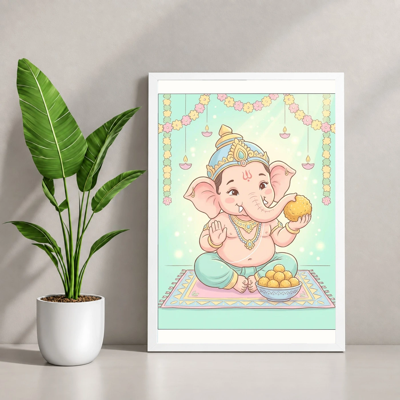 Baby Ganesha Ladoo Cute Pastel Festive Illustration Art Photo Frame, view 4
