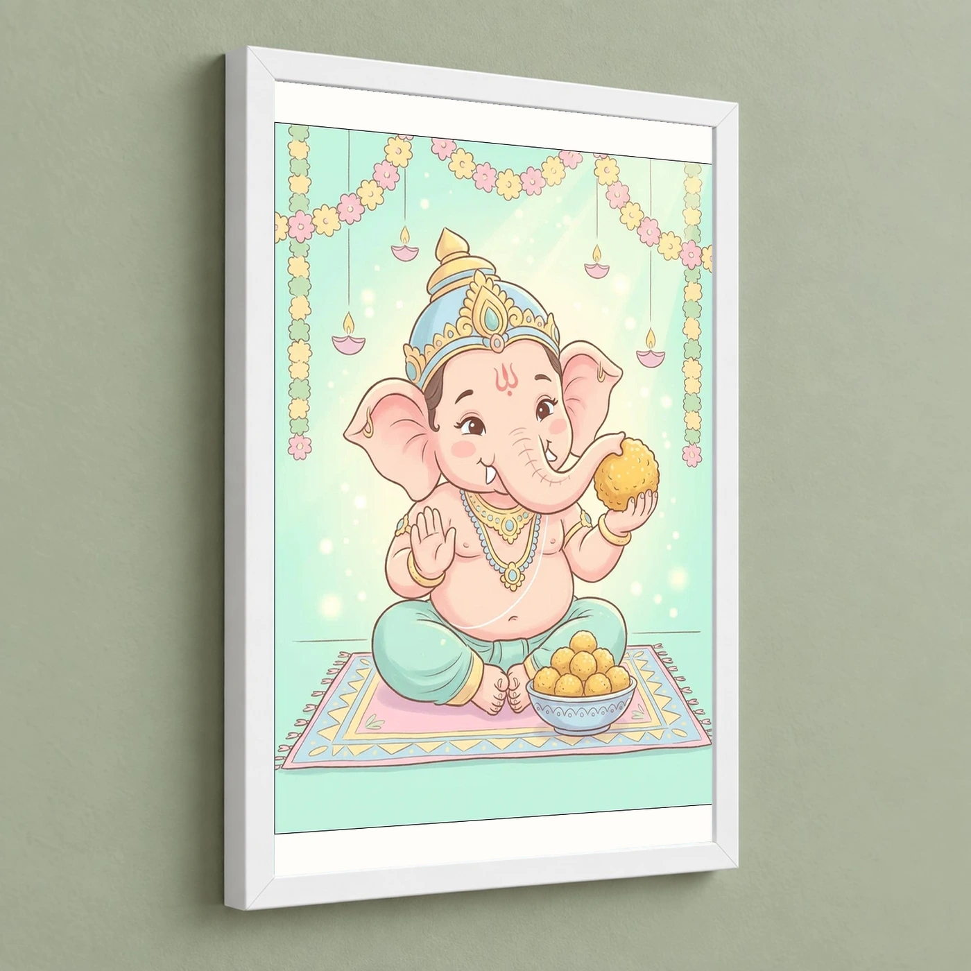 Baby Ganesha Ladoo Cute Pastel Festive Illustration Art Photo Frame, view 5