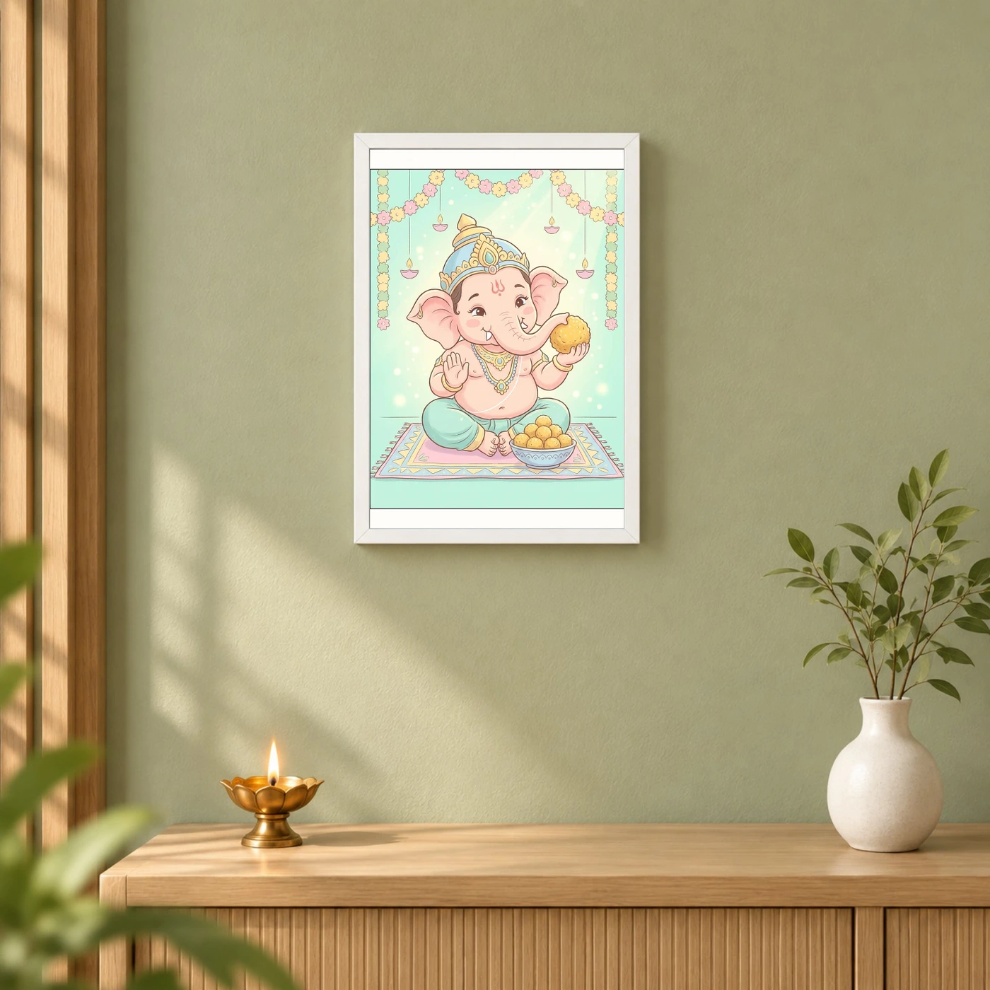 Baby Ganesha Ladoo Cute Pastel Festive Illustration Art Photo Frame, view 6