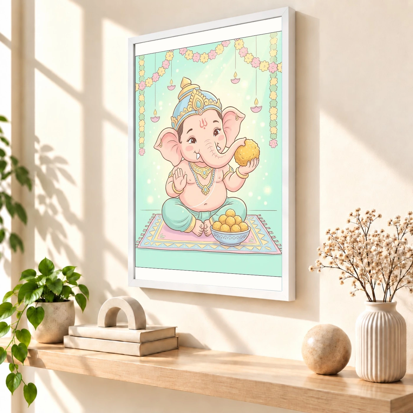 Baby Ganesha Ladoo Cute Pastel Festive Illustration Art Photo Frame, view 7