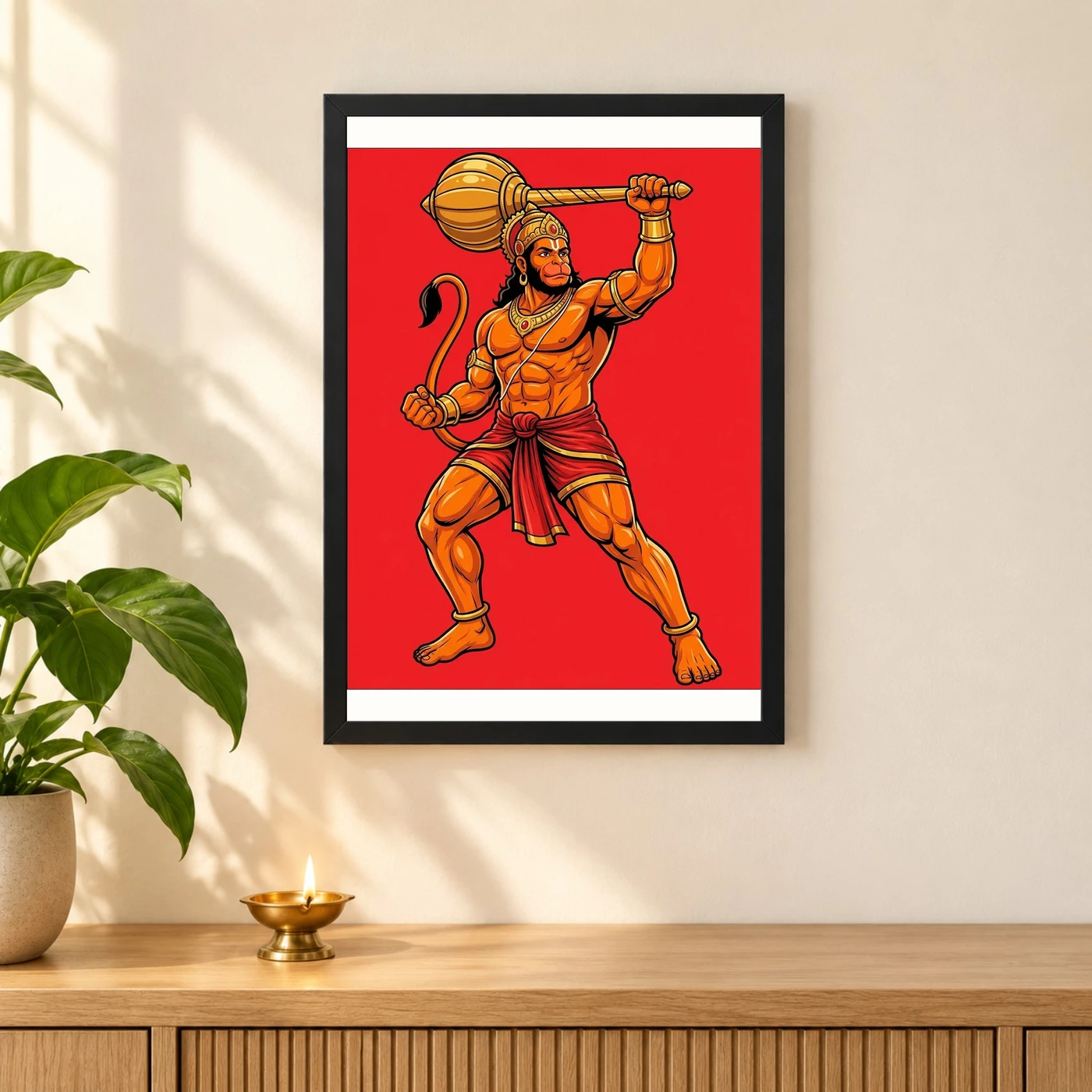 Bajrang Bali Hanuman Heroic Gada Bold Red Illustration Photo Frame, view 3