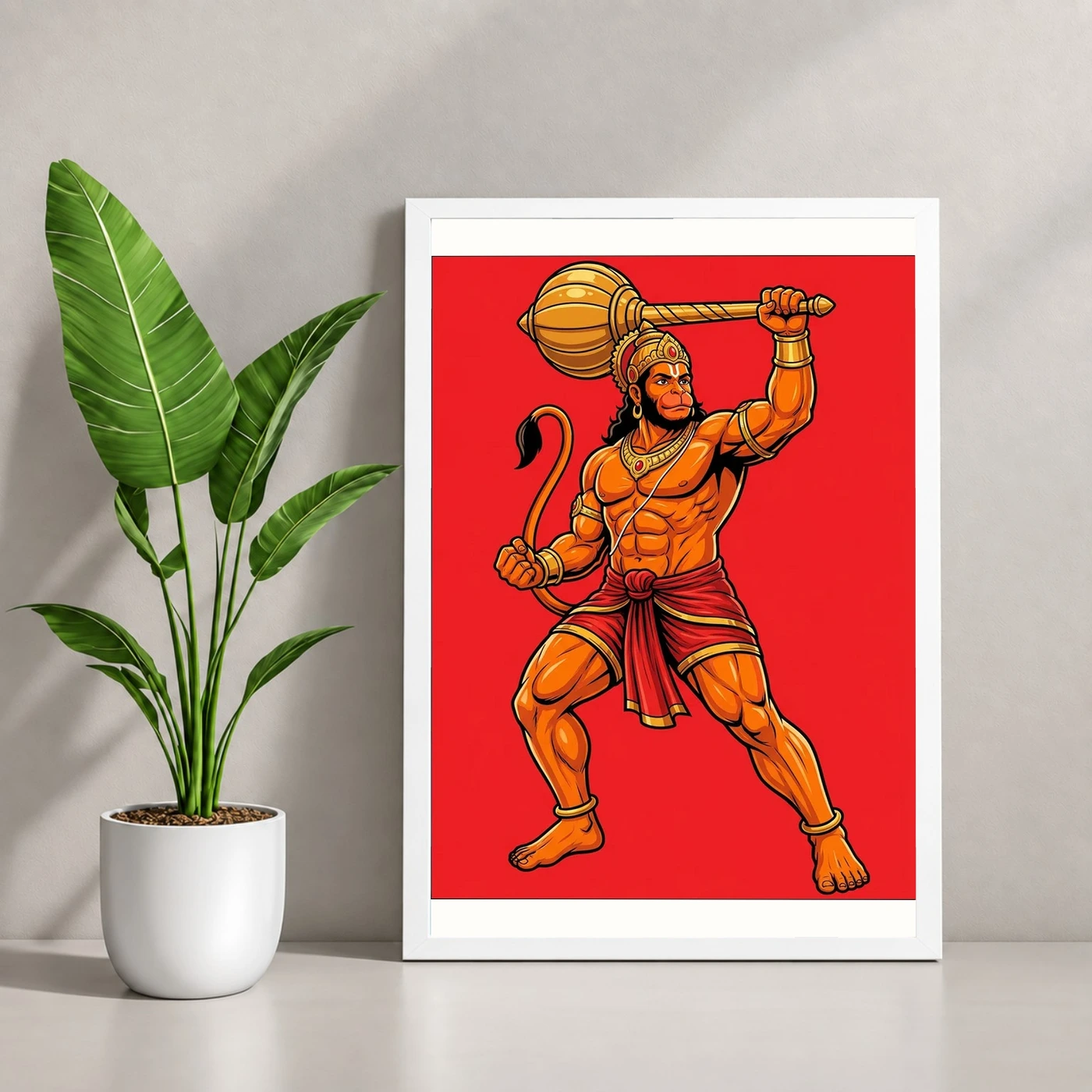 Bajrang Bali Hanuman Heroic Gada Bold Red Illustration Photo Frame, view 4