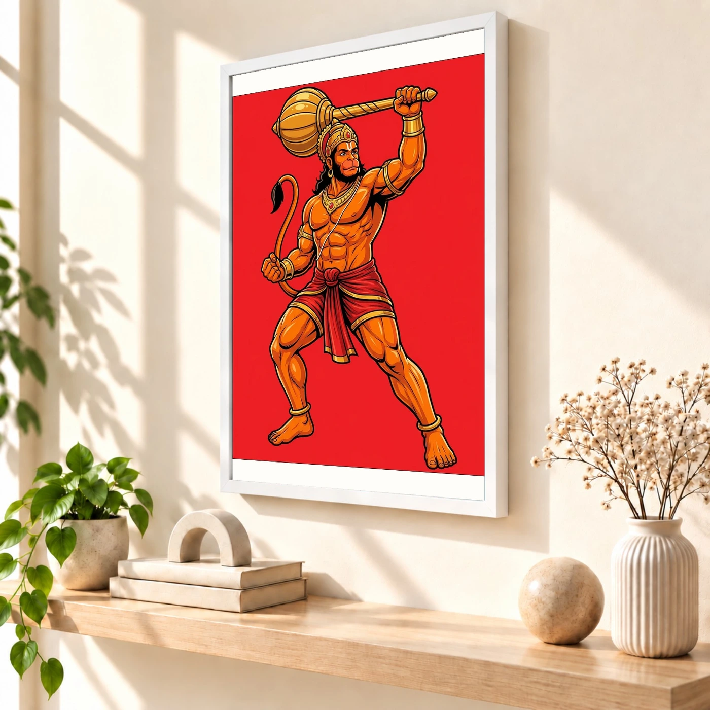 Bajrang Bali Hanuman Heroic Gada Bold Red Illustration Photo Frame, view 7