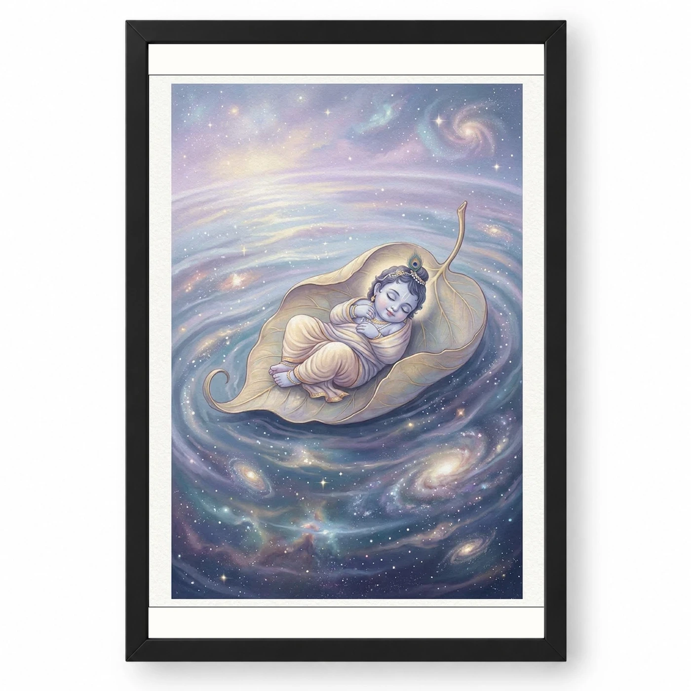 Bal Krishna Cosmic Banyan Leaf Divine Ocean Pastel Art Photo Frame