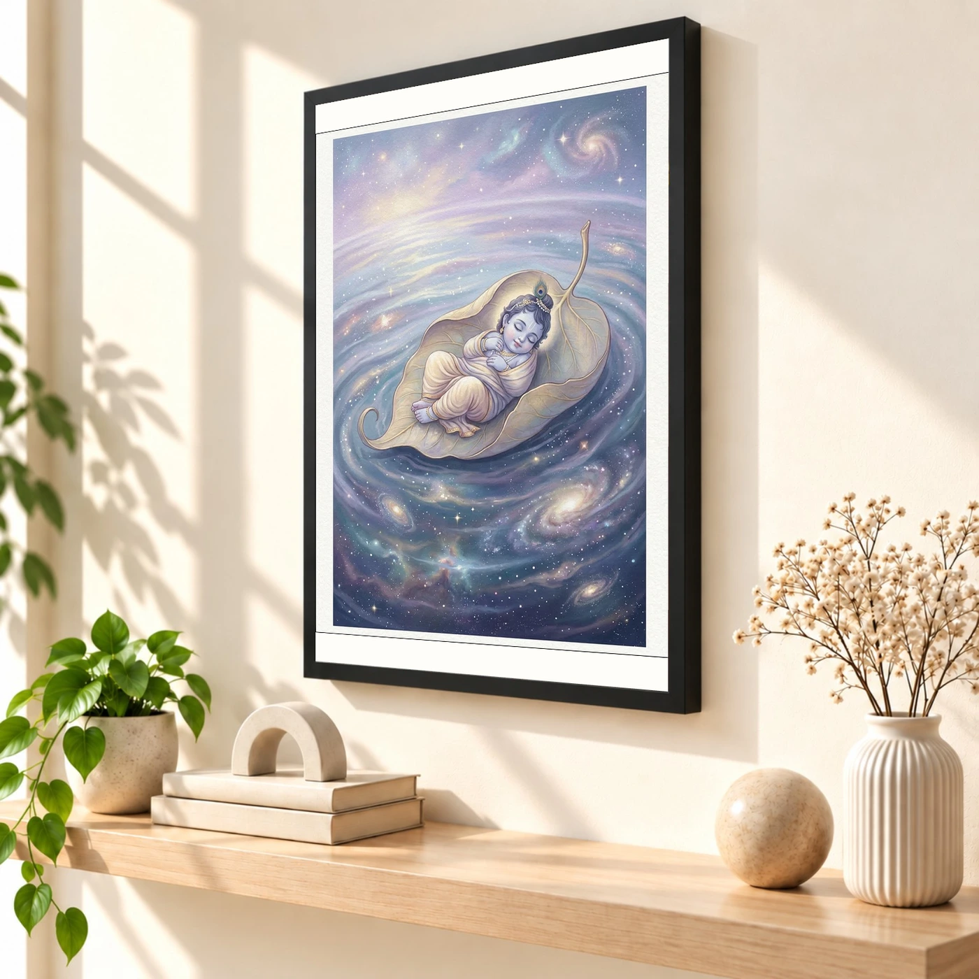 Bal Krishna Cosmic Banyan Leaf Divine Ocean Pastel Art Photo Frame, view 2