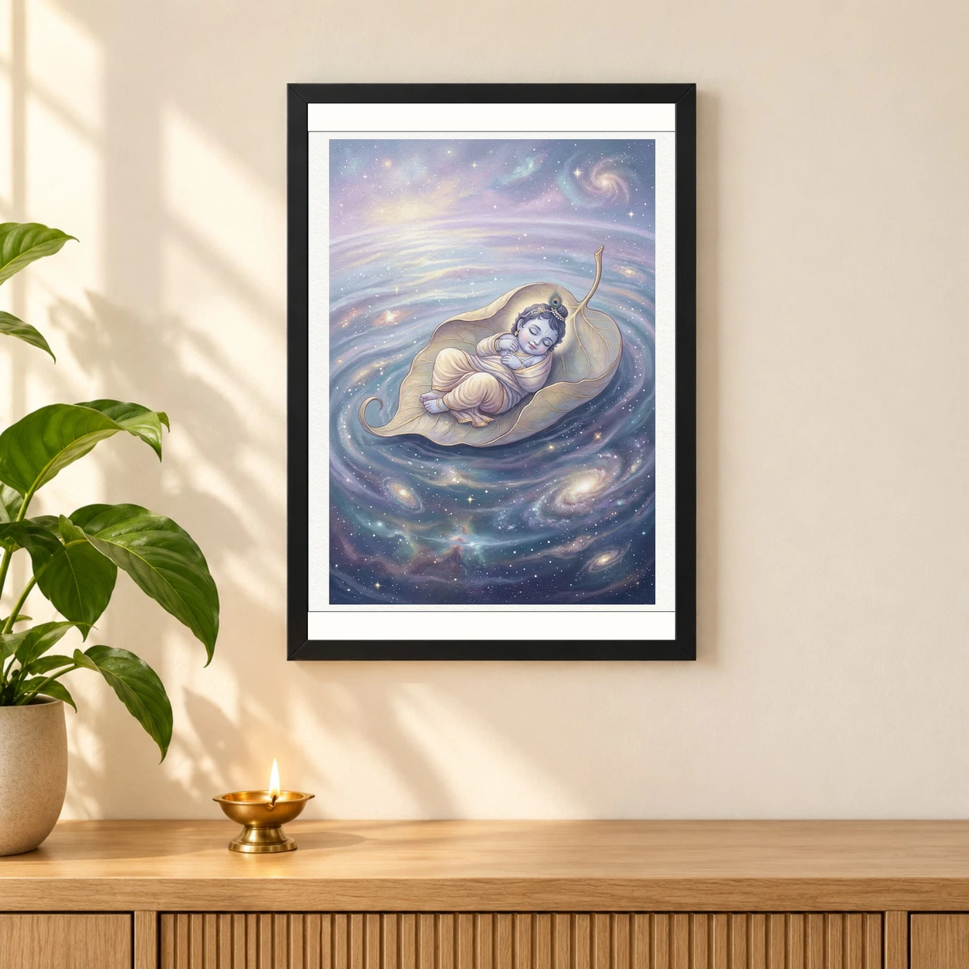 Bal Krishna Cosmic Banyan Leaf Divine Ocean Pastel Art Photo Frame, view 3