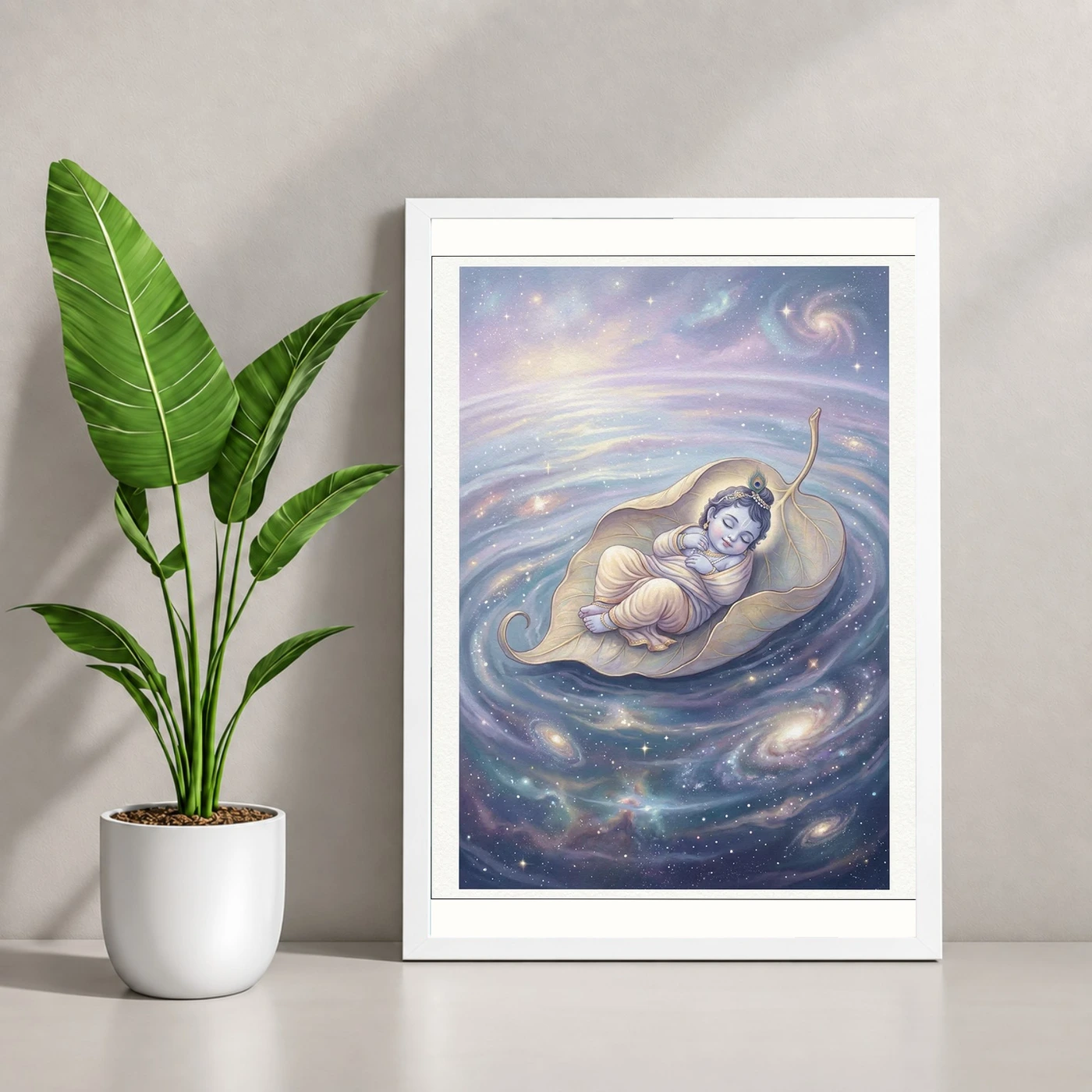 Bal Krishna Cosmic Banyan Leaf Divine Ocean Pastel Art Photo Frame, view 4