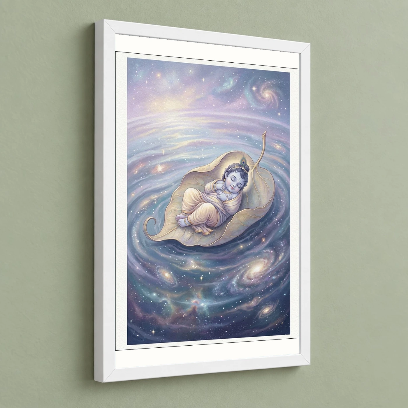 Bal Krishna Cosmic Banyan Leaf Divine Ocean Pastel Art Photo Frame, view 5