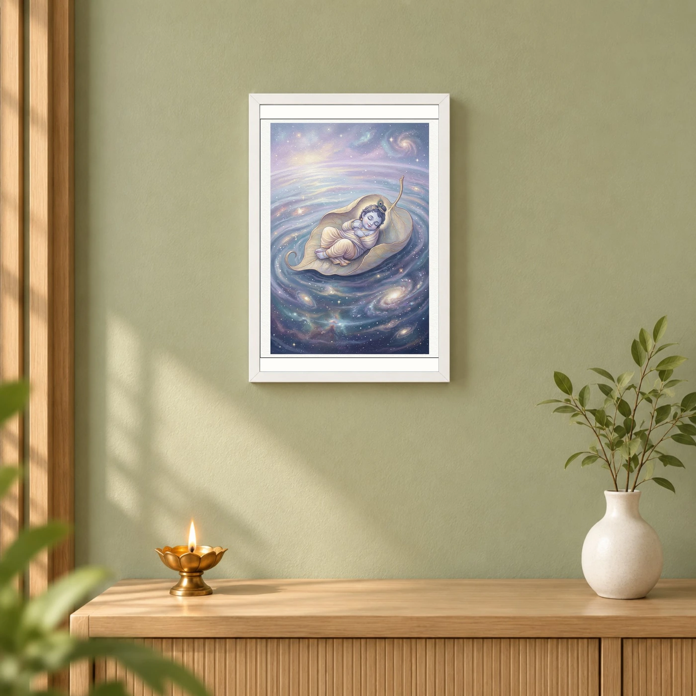 Bal Krishna Cosmic Banyan Leaf Divine Ocean Pastel Art Photo Frame, view 6