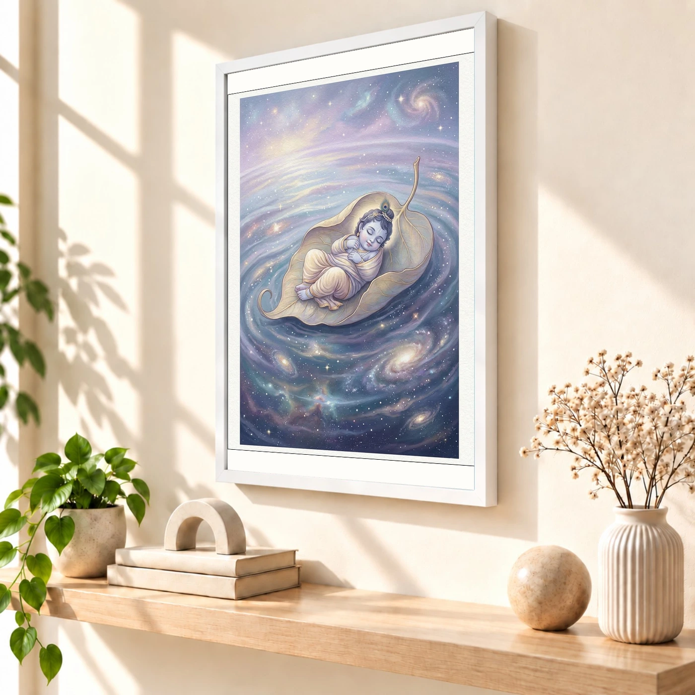 Bal Krishna Cosmic Banyan Leaf Divine Ocean Pastel Art Photo Frame, view 7