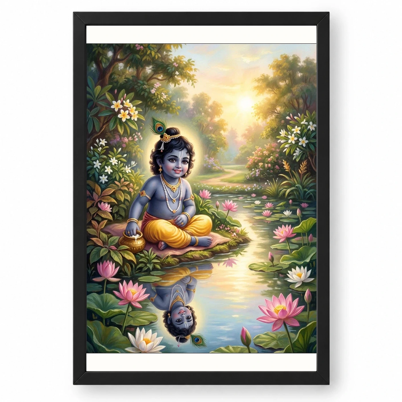 Bal Krishna Lotus Pond Golden Morning Pastel Painting Photo Frame