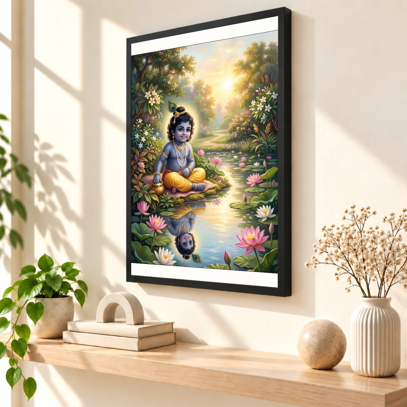Bal Krishna Lotus Pond Golden Morning Pastel Painting Photo Frame, view 2