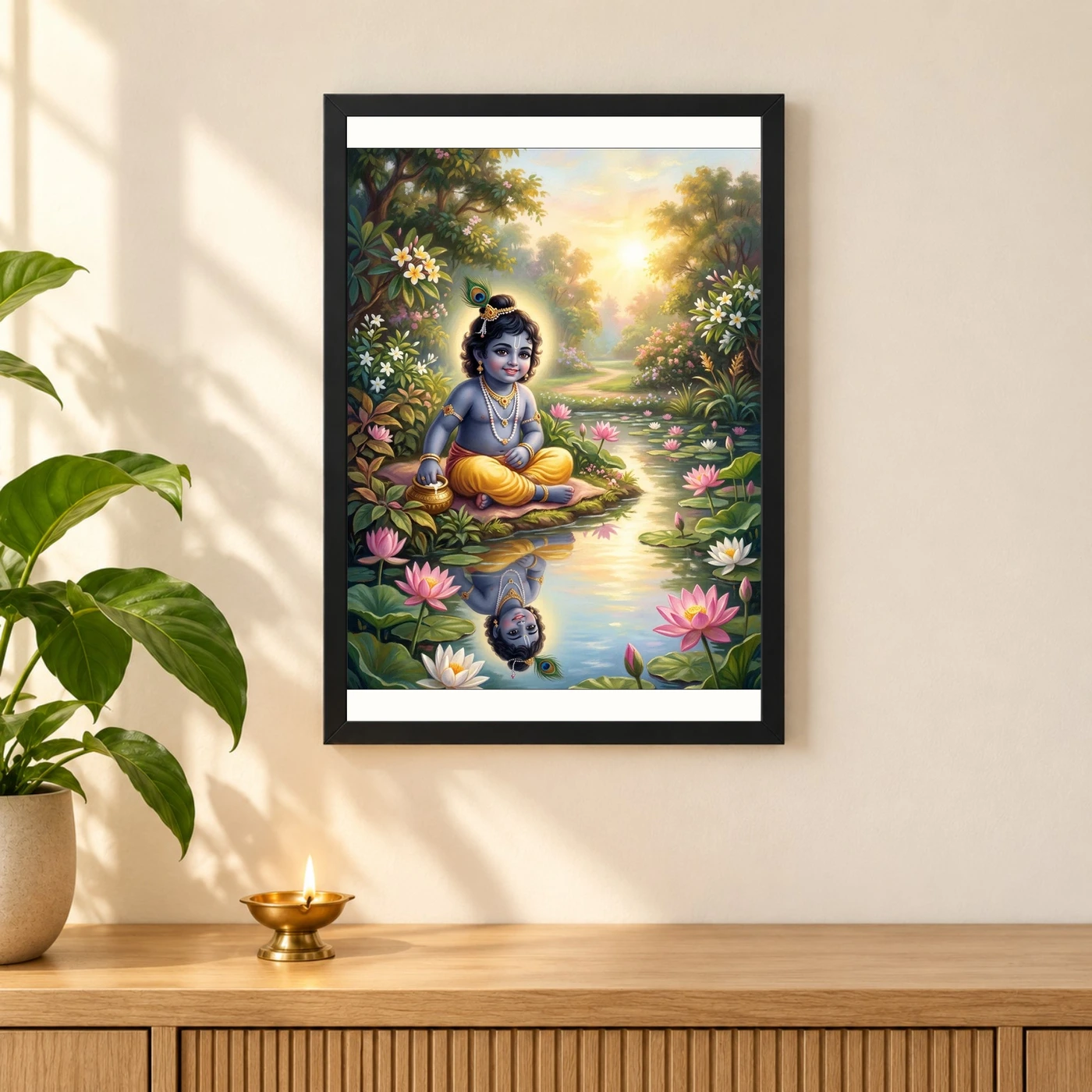 Bal Krishna Lotus Pond Golden Morning Pastel Painting Photo Frame, view 3