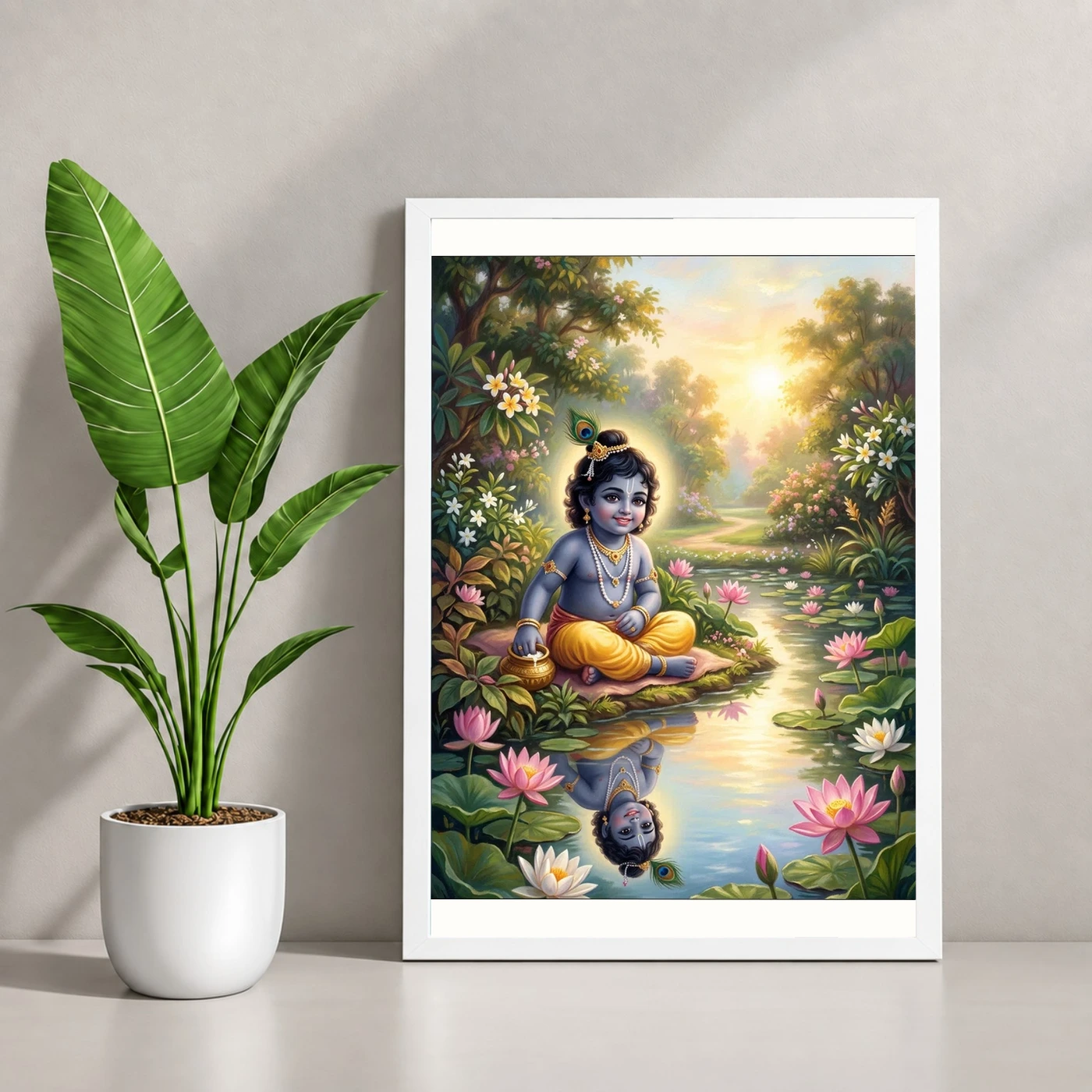 Bal Krishna Lotus Pond Golden Morning Pastel Painting Photo Frame, view 4