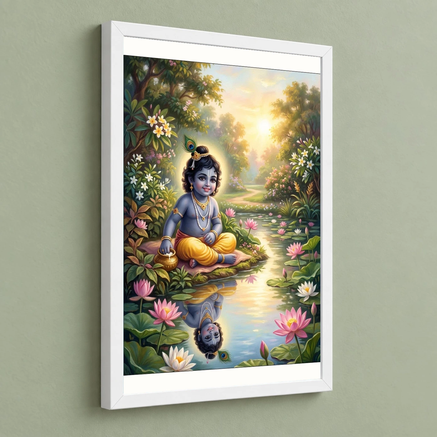 Bal Krishna Lotus Pond Golden Morning Pastel Painting Photo Frame, view 5