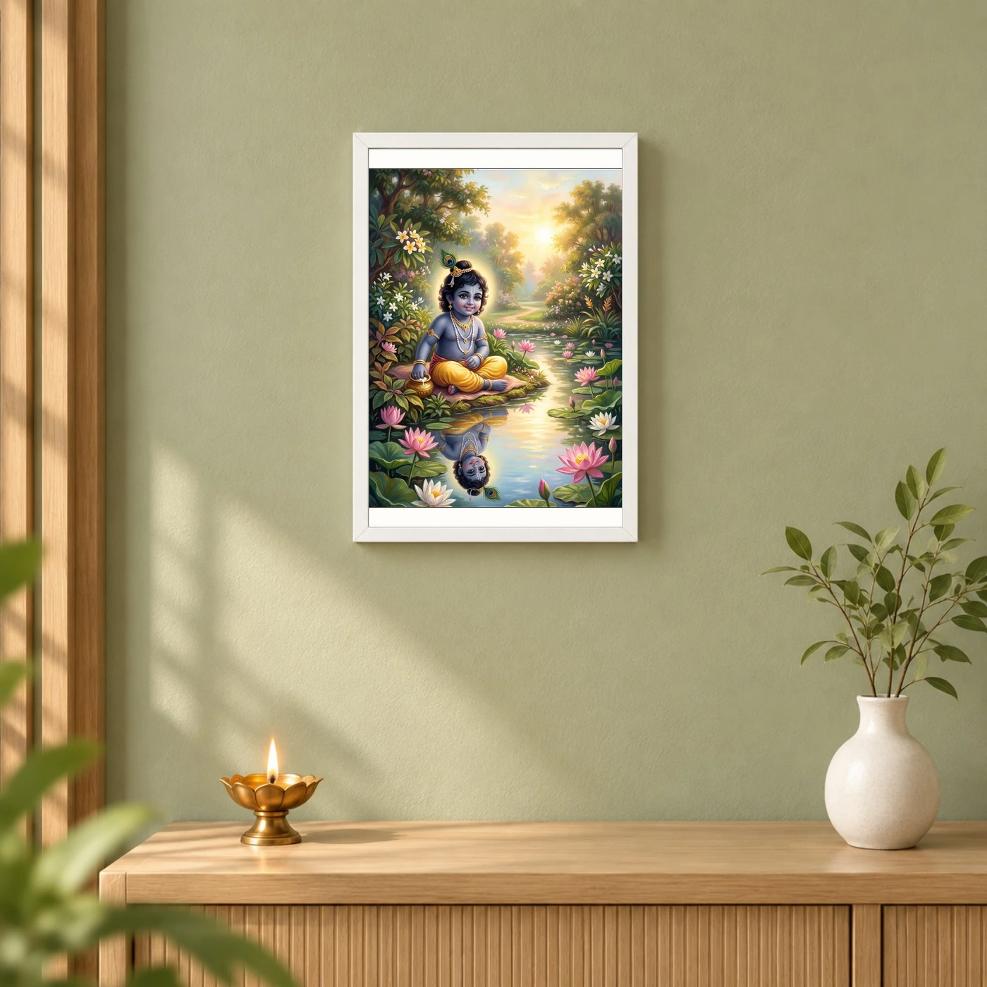 Bal Krishna Lotus Pond Golden Morning Pastel Painting Photo Frame, view 6