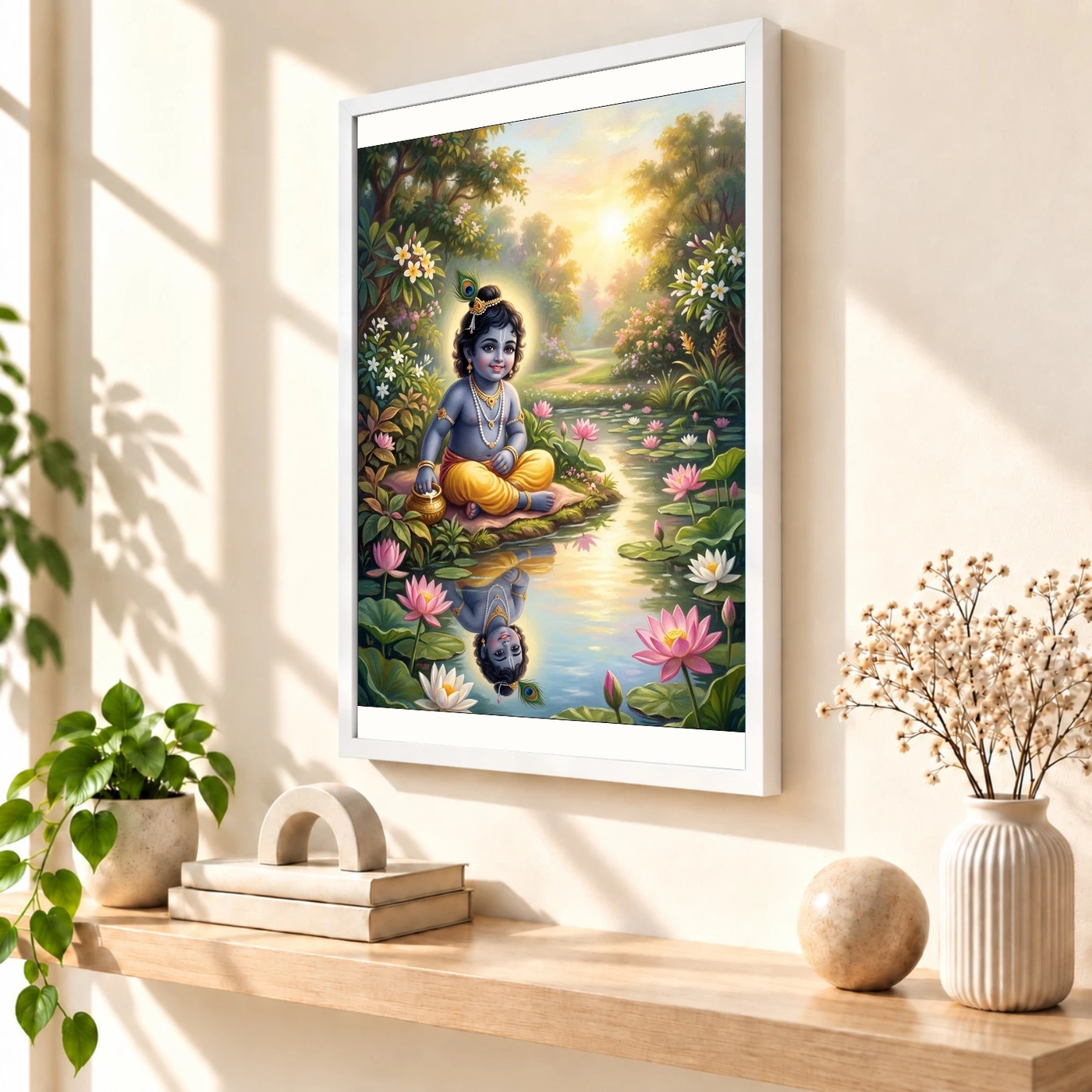 Bal Krishna Lotus Pond Golden Morning Pastel Painting Photo Frame, view 7