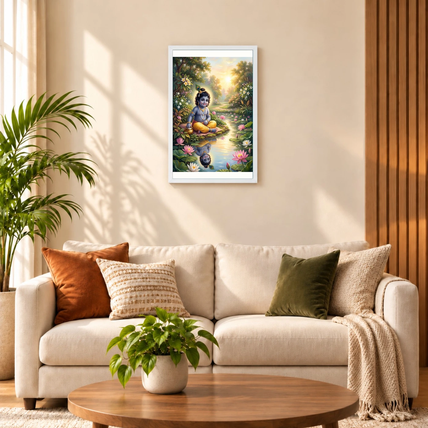 Bal Krishna Lotus Pond Golden Morning Pastel Painting Photo Frame, view 9