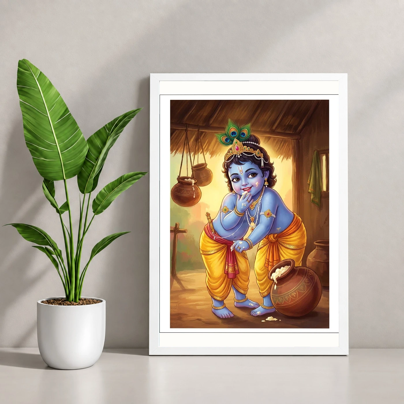 Bal Krishna Stealing Butter Makhan Chor Traditional Art Photo Frame, view 4