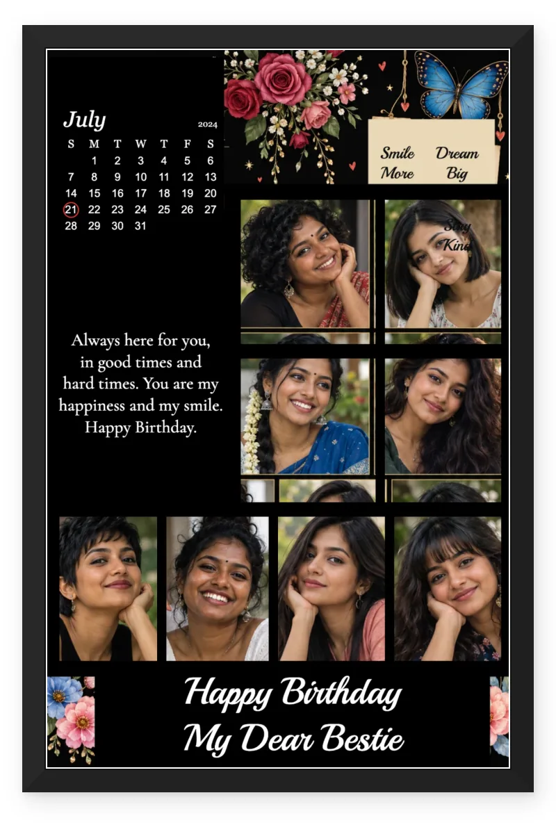 Birthday Calendar Photo Frame for Girlfriend with 7 to 8 Photos - July Bestie Butterfly