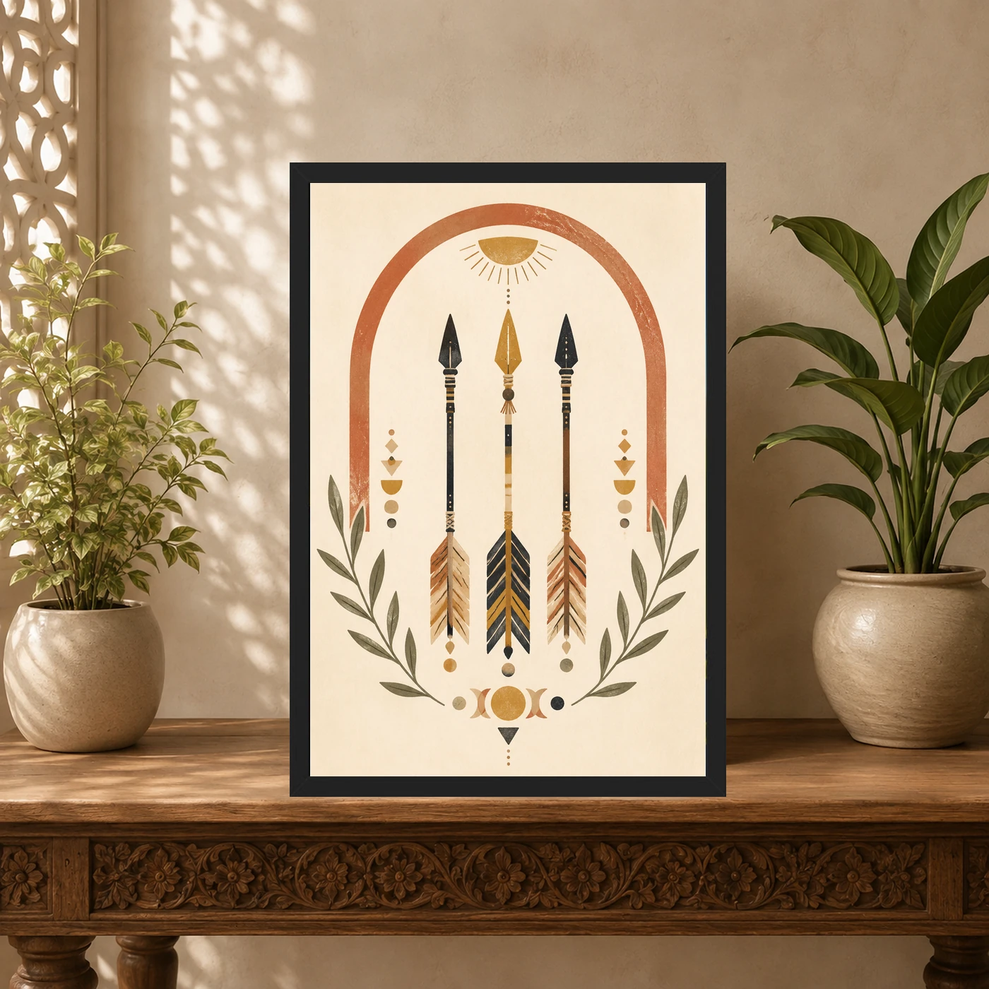 Boho Arrow Feather Tribal Earth Tones Cream Sage Art Photo Frame, view 5