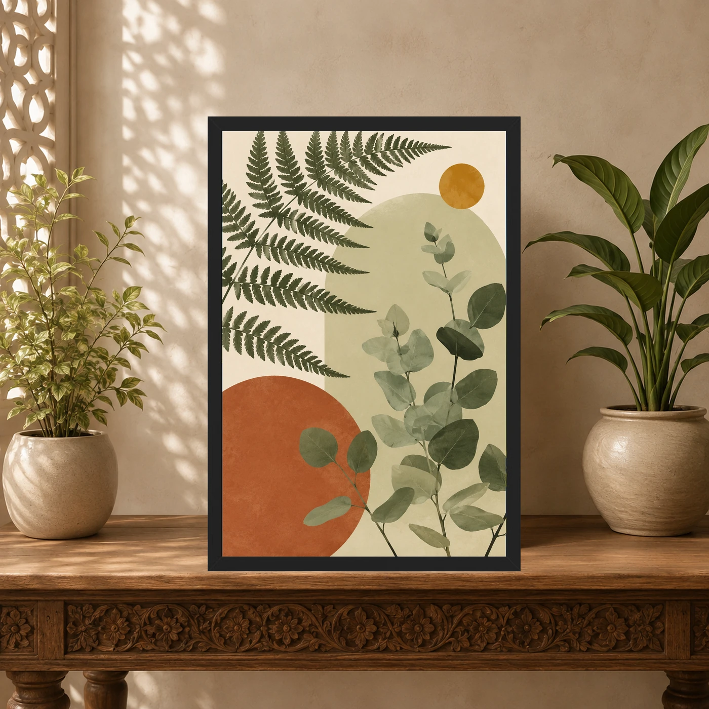 Boho Botanical Ferns Eucalyptus Sage Green Cream Art Photo Frame, view 5