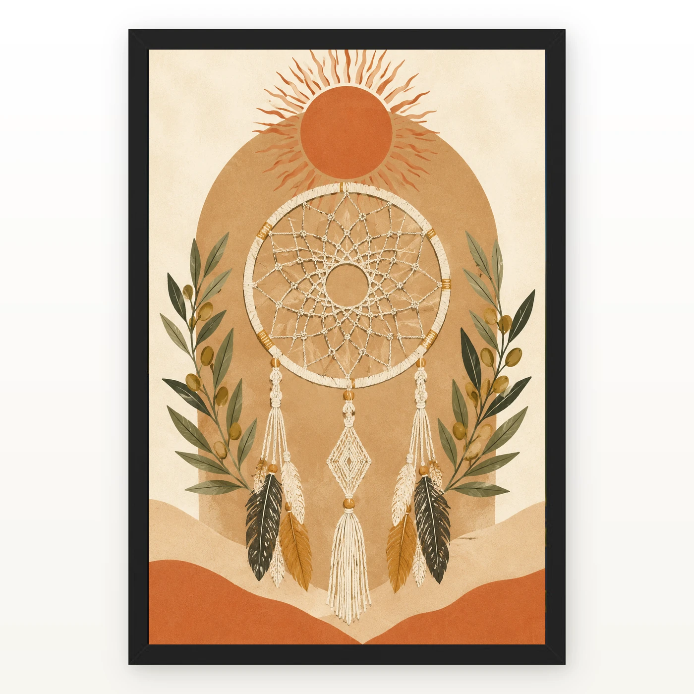 Boho Dreamcatcher Feathers Macrame Earth Tones Cream Art Photo Frame
