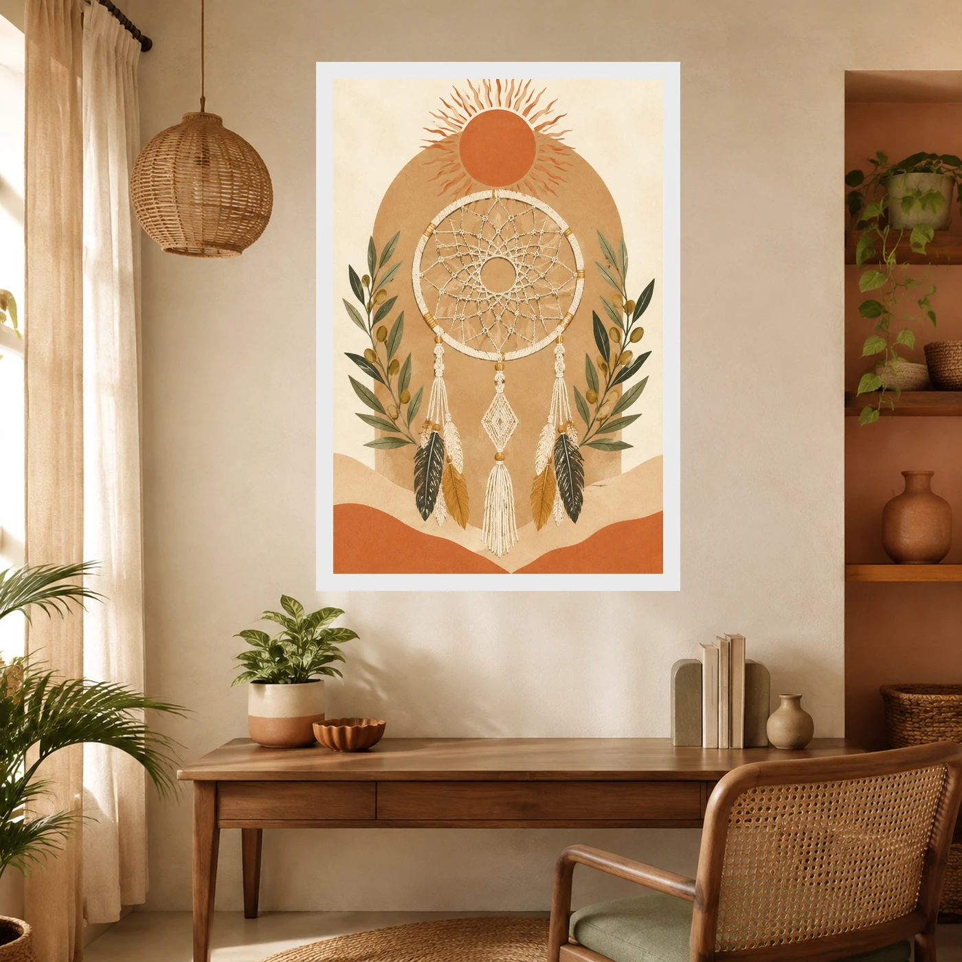 Boho Dreamcatcher Feathers Macrame Earth Tones Cream Art Photo Frame, view 10