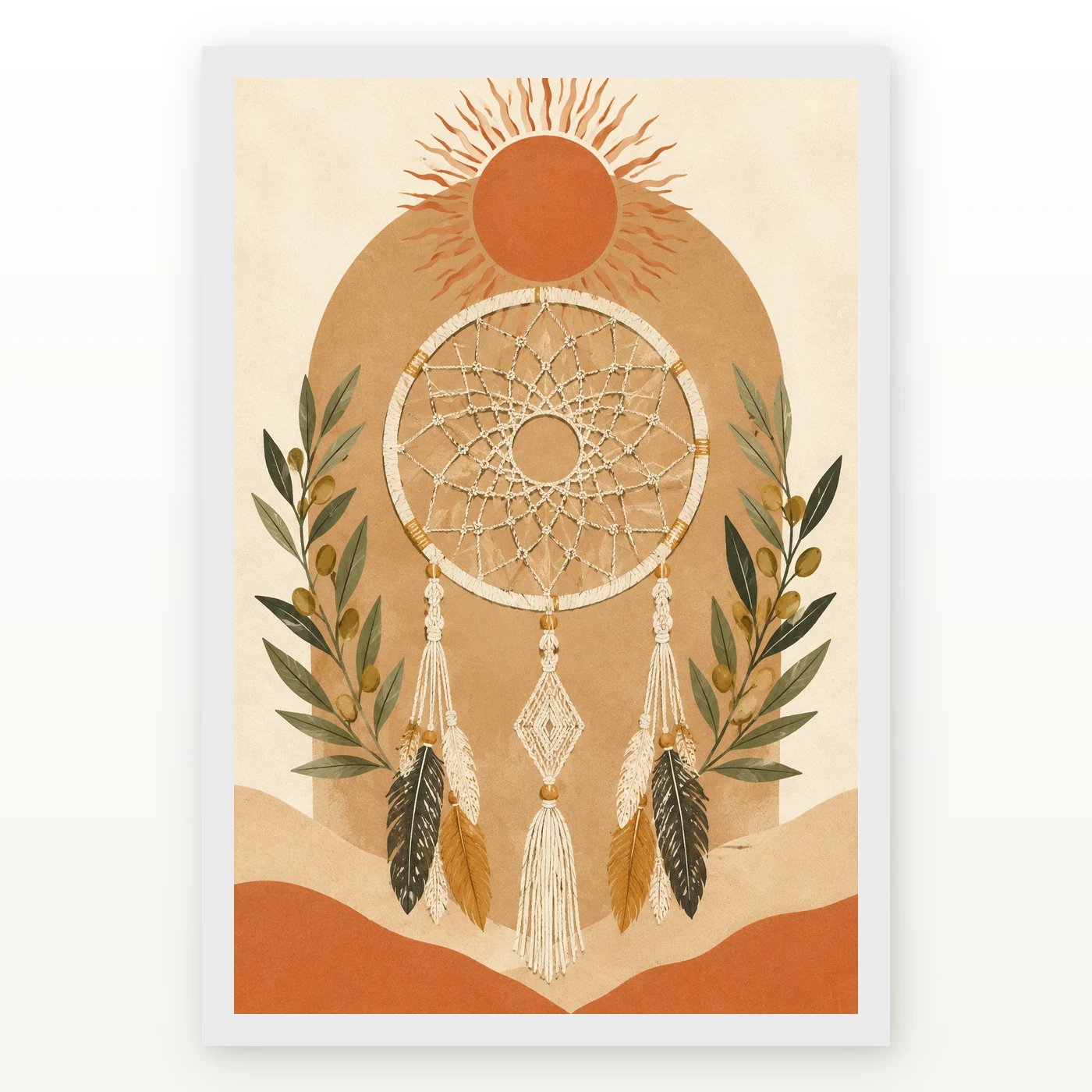 Boho Dreamcatcher Feathers Macrame Earth Tones Cream Art Photo Frame, view 2