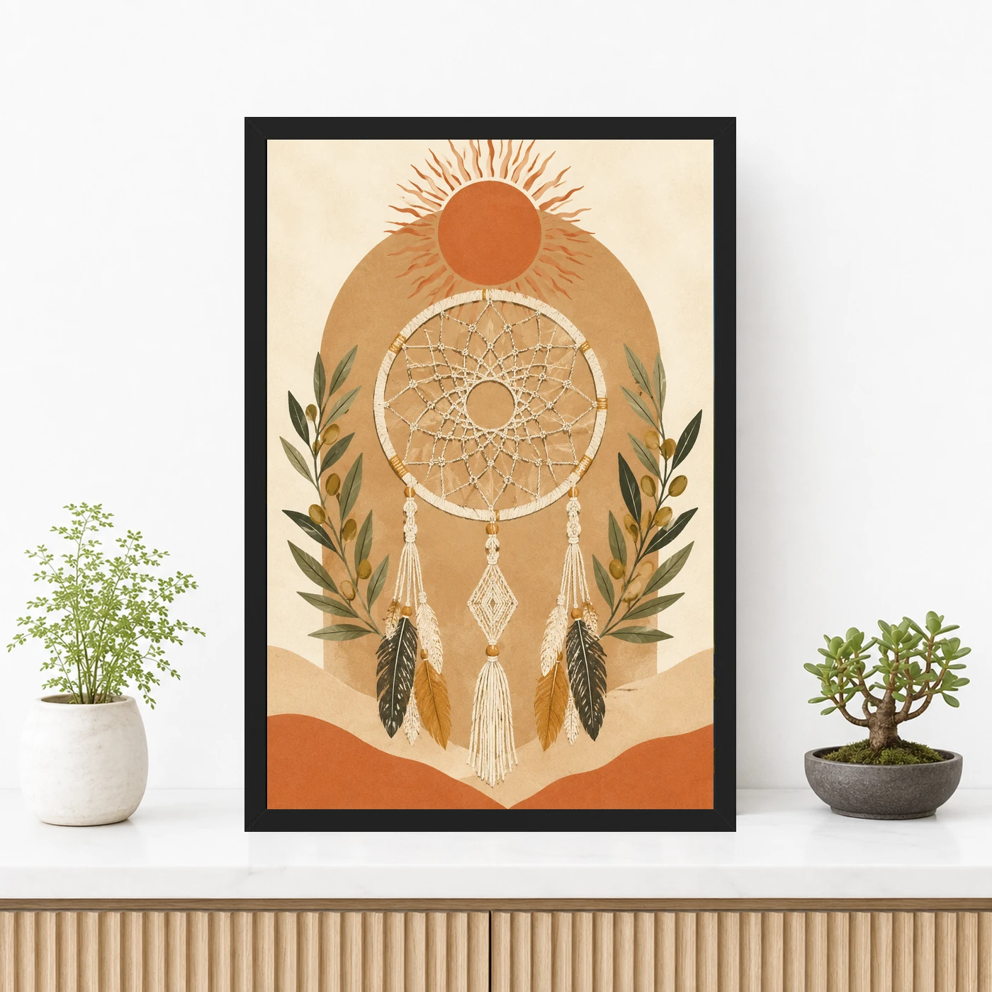 Boho Dreamcatcher Feathers Macrame Earth Tones Cream Art Photo Frame, view 3