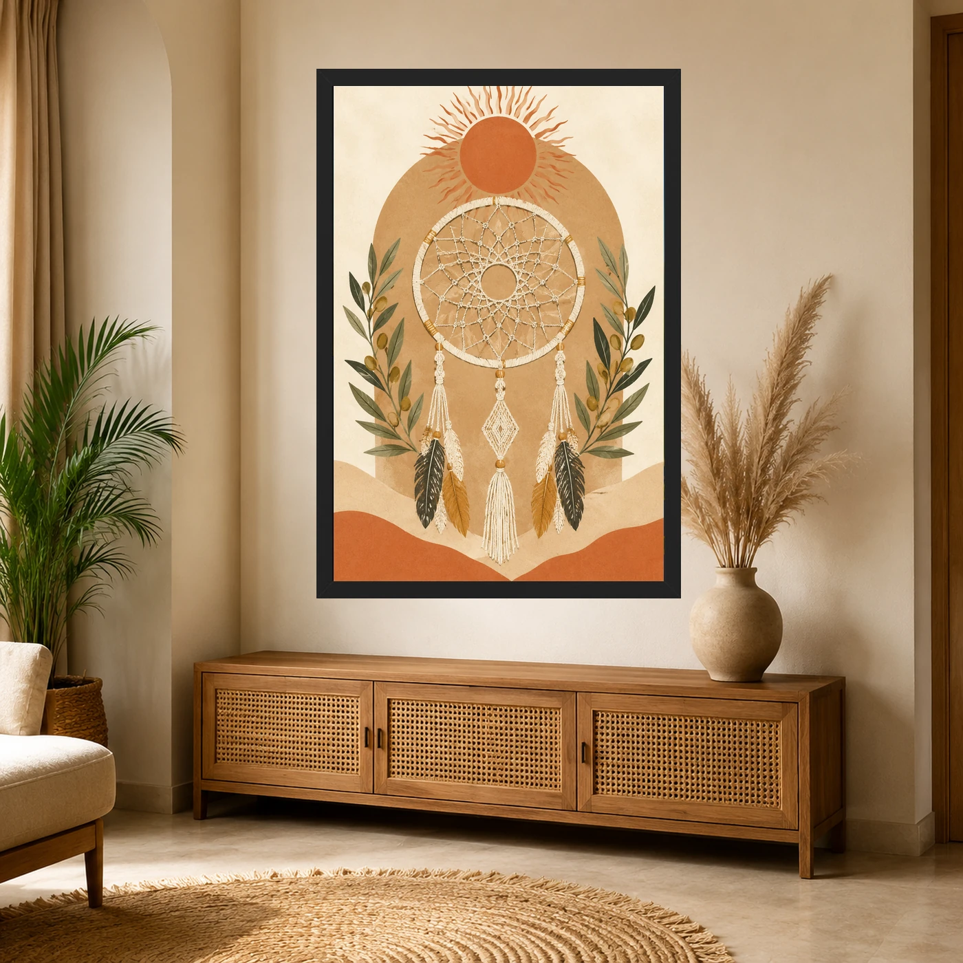 Boho Dreamcatcher Feathers Macrame Earth Tones Cream Art Photo Frame, view 4