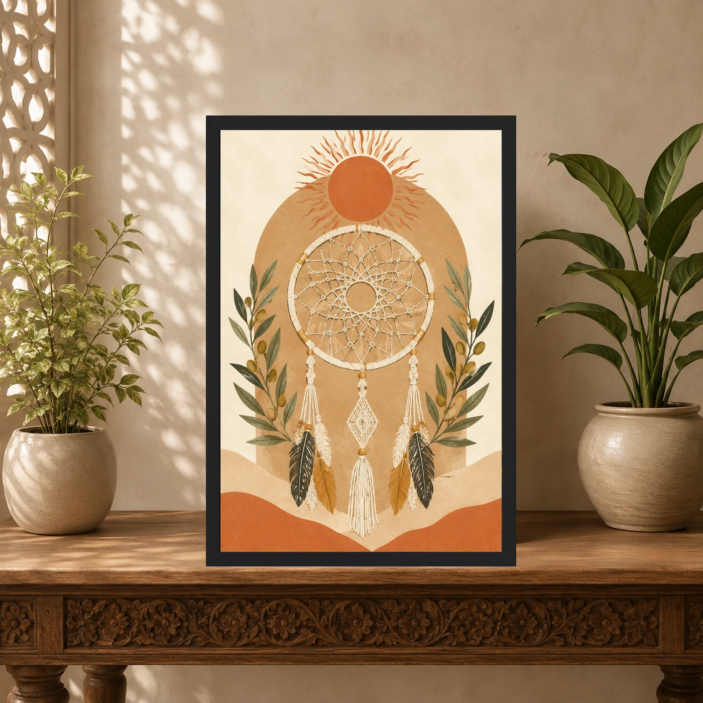 Boho Dreamcatcher Feathers Macrame Earth Tones Cream Art Photo Frame, view 5