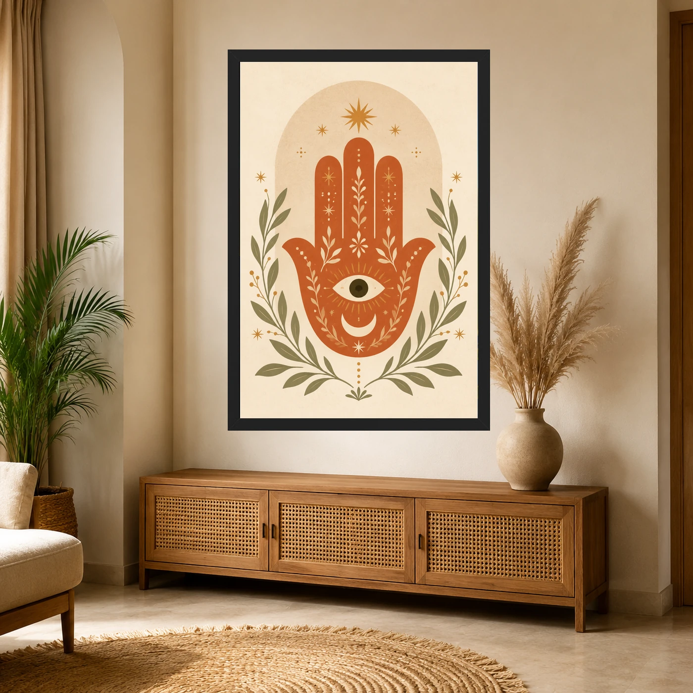 Boho Hamsa Hand Flowers Protection Symbol Soft Art Photo Frame, view 4