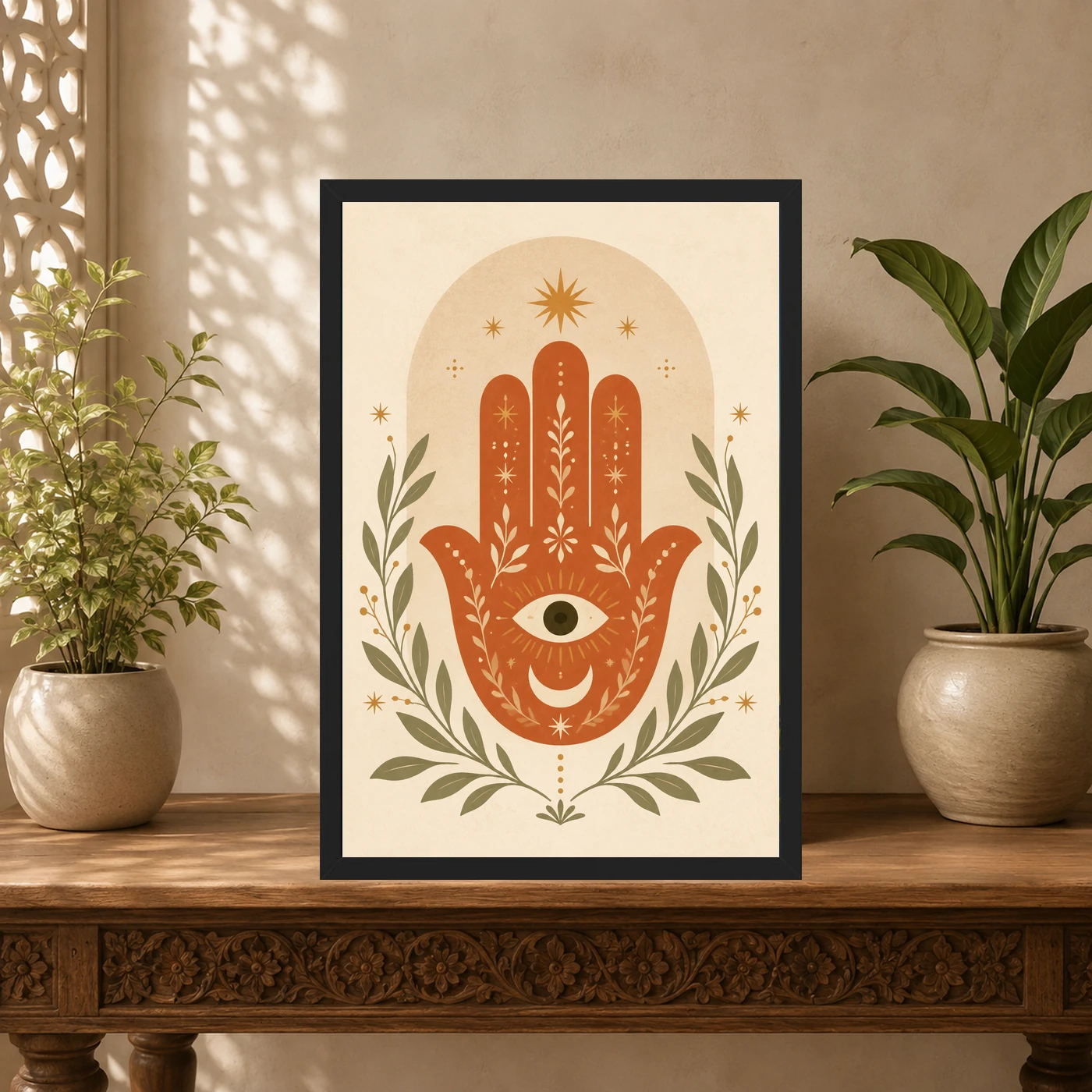 Boho Hamsa Hand Flowers Protection Symbol Soft Art Photo Frame, view 5
