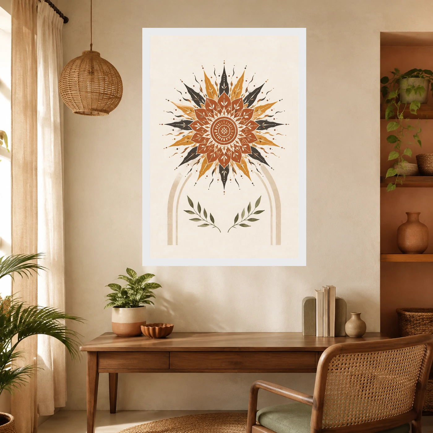 Boho Mandala Sun Golden Intricate Cream Wall Art Photo Frame, view 10