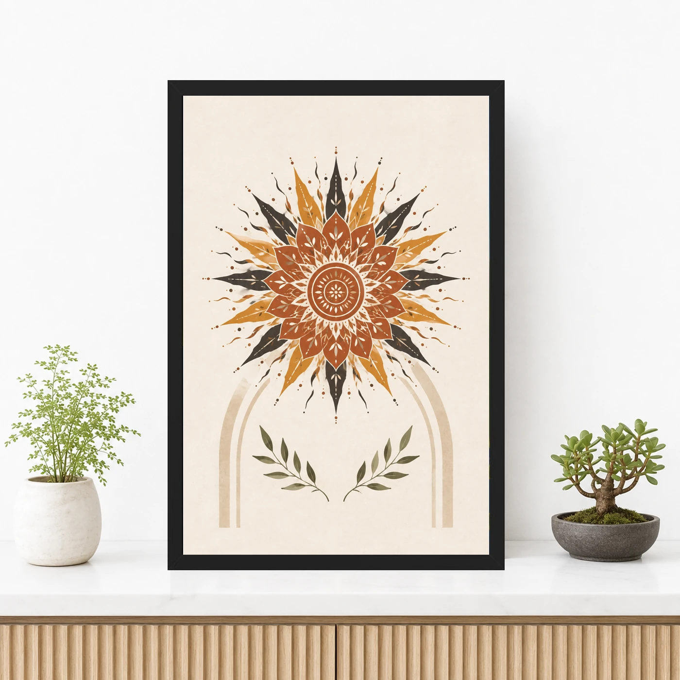 Boho Mandala Sun Golden Intricate Cream Wall Art Photo Frame, view 3