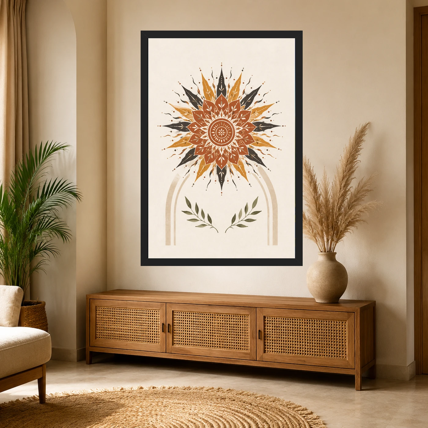 Boho Mandala Sun Golden Intricate Cream Wall Art Photo Frame, view 4