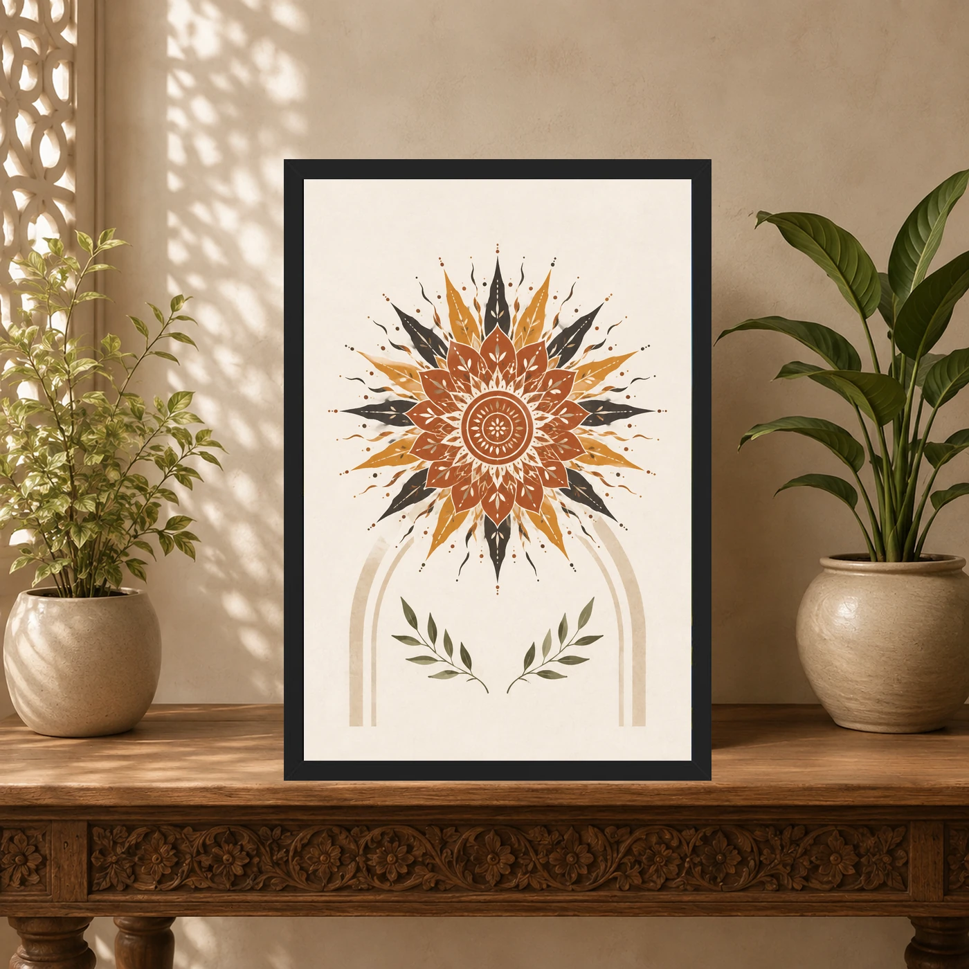 Boho Mandala Sun Golden Intricate Cream Wall Art Photo Frame, view 5